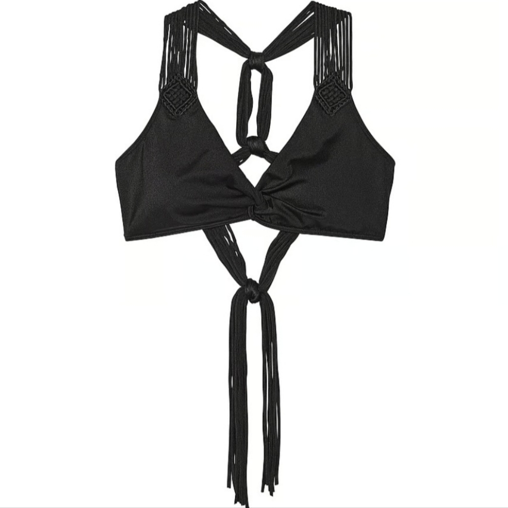 XL VS Archives Swim Macrame Fringe Bralette Cheeky Bikini Set Black Tropical - Picture 2 of 6